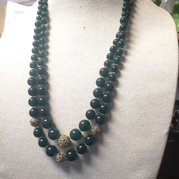Vintage Talbots Green Bead Rhinestone Ball Two Strand 26" Necklace NWT - Picture 4 of 15
